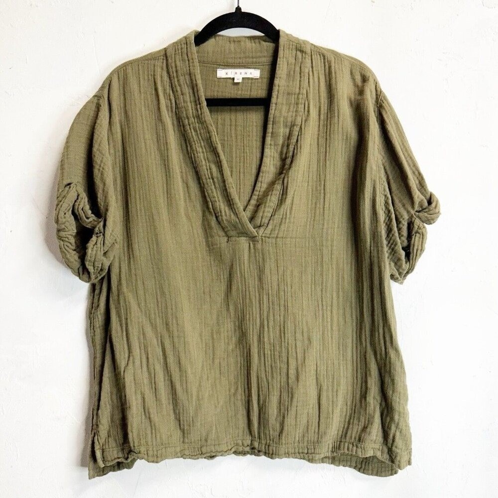 Xirena Gauze Cotton Short Sleeve Top Womens Medium Green V-Neck Blouse Relaxed
